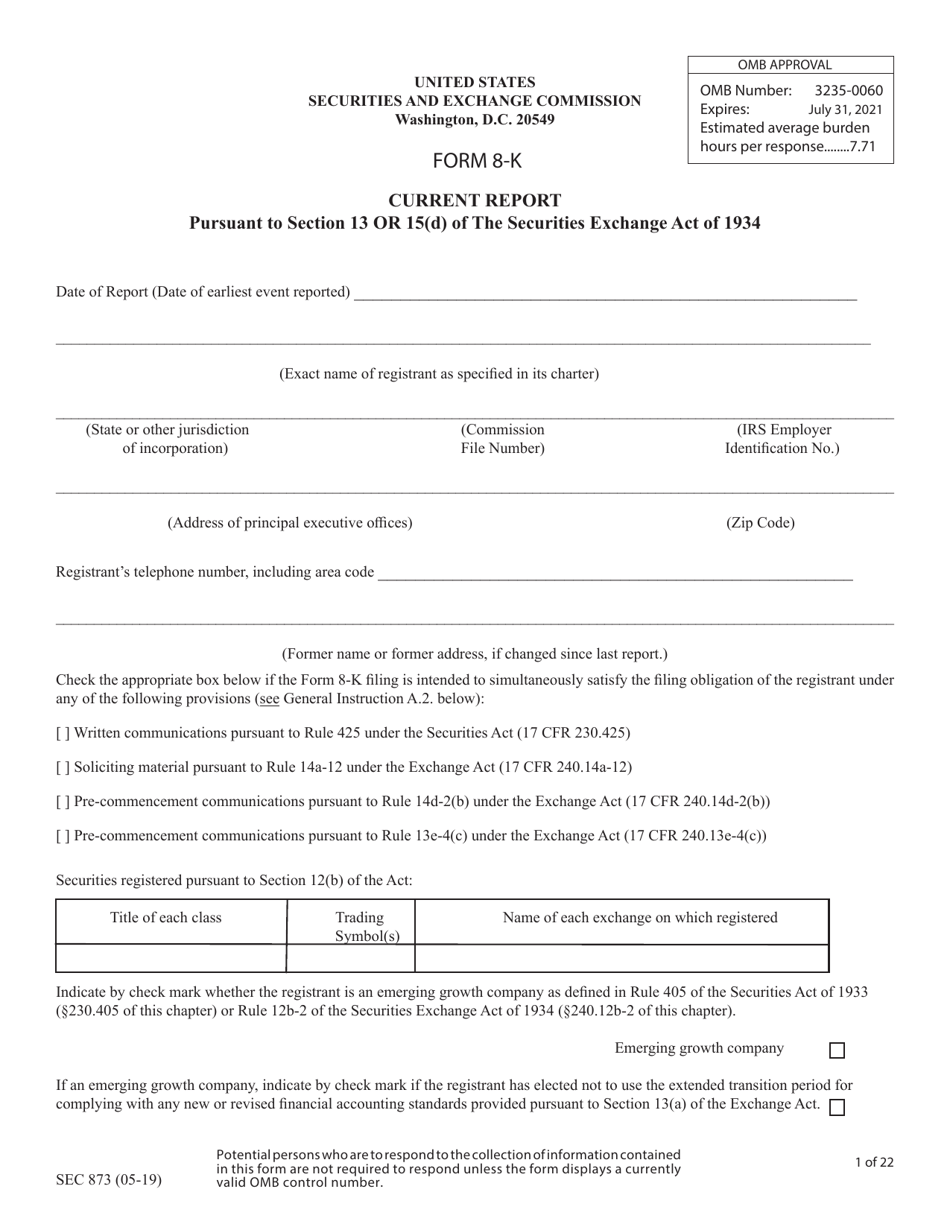 Form 8-K (SEC Form 873) Current Report Pursuant to Section 13 or 15(D), Page 1
