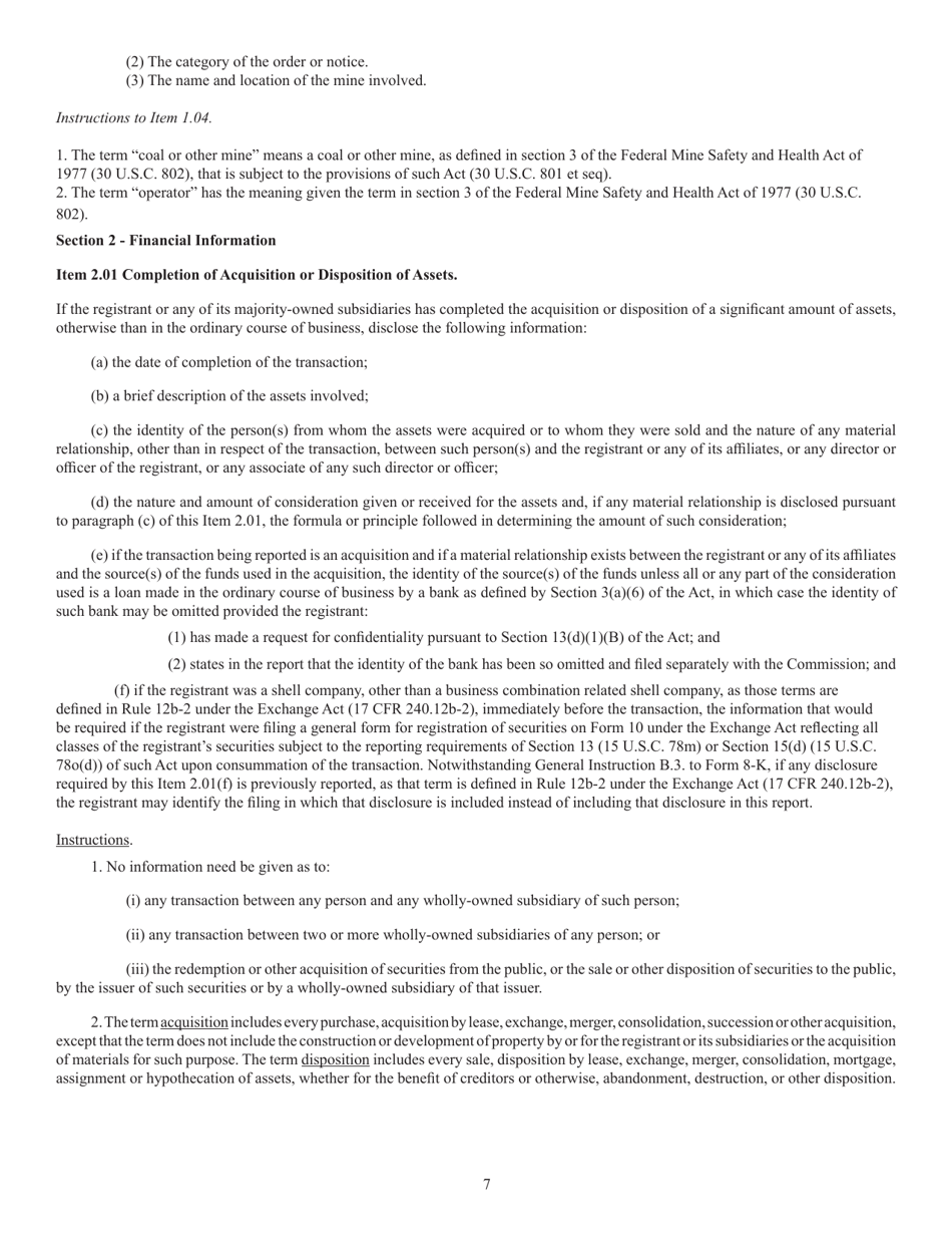 Form 8-K (SEC Form 873) Current Report Pursuant to Section 13 or 15(D), Page 7