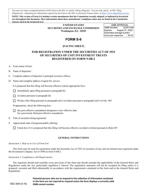 Form S-6 (SEC Form 649)  Printable Pdf