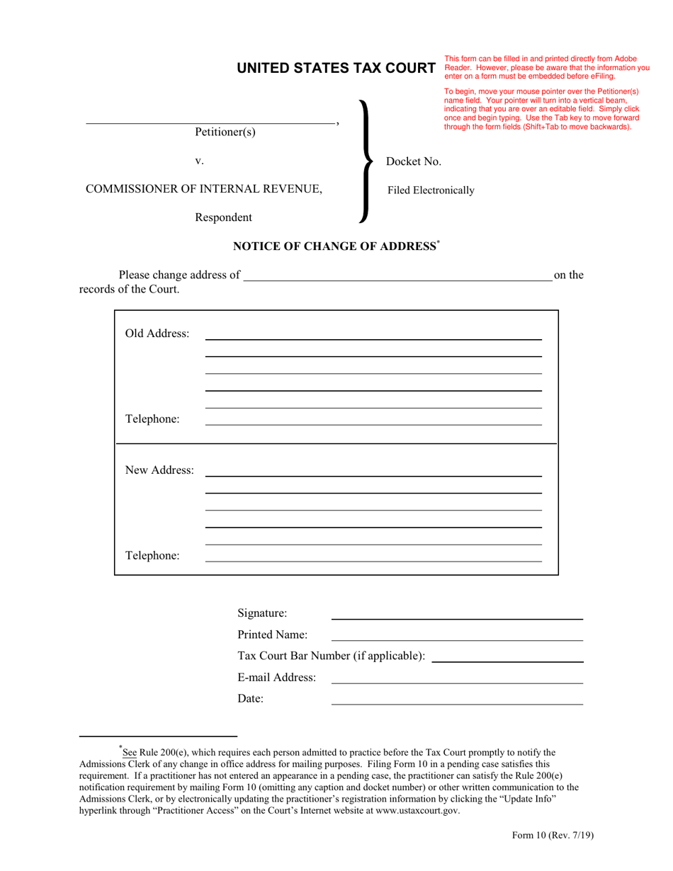 Form 10 Notice of Change of Address, Page 1