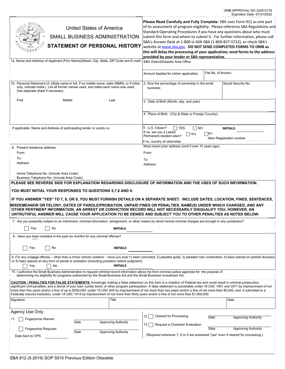 SBA Form 912 Statement of Personal History, Page 1