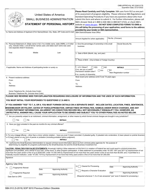 SBA Form 912 Statement of Personal History
