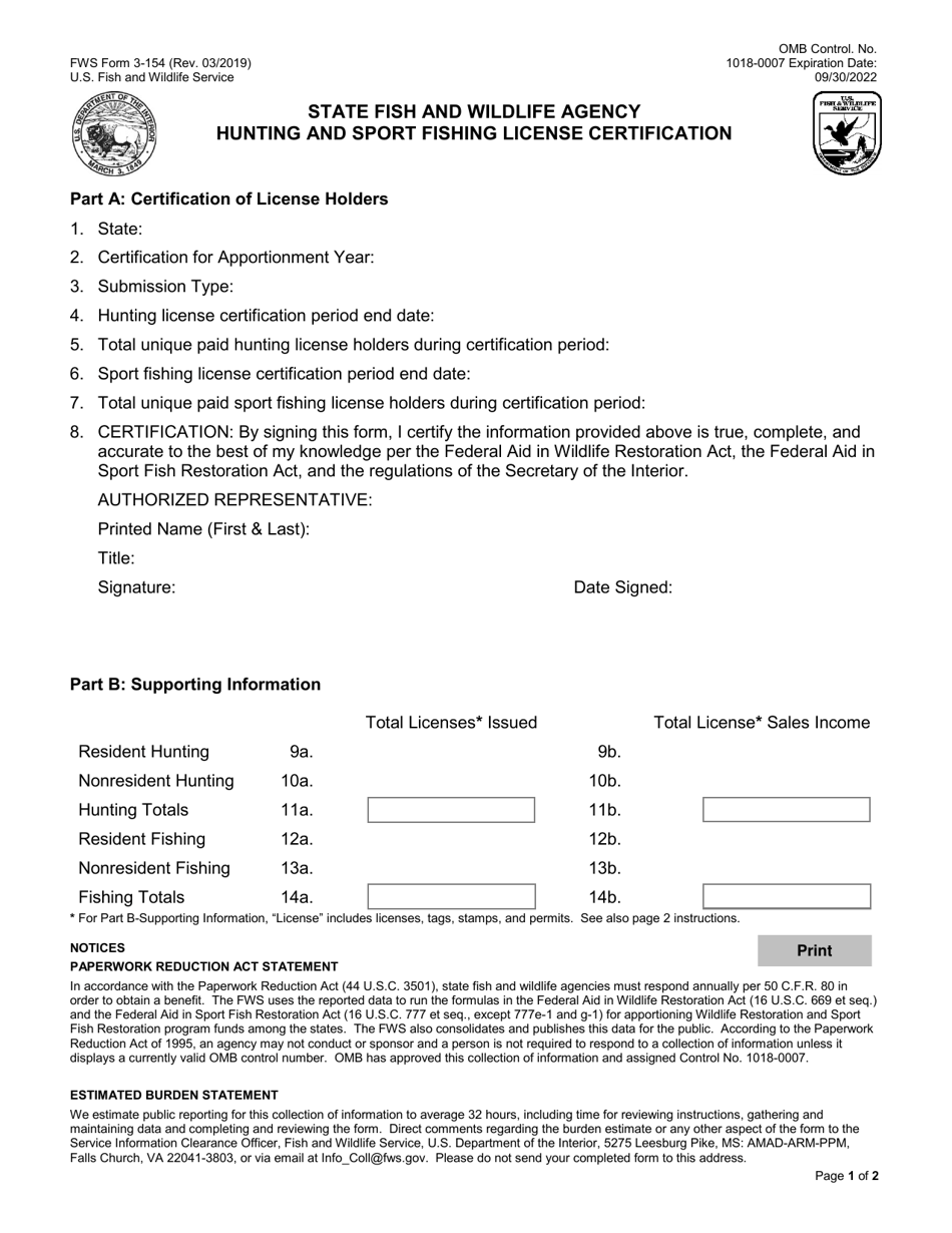 FWS Form 3-154 Download Fillable PDF or Fill Online State 