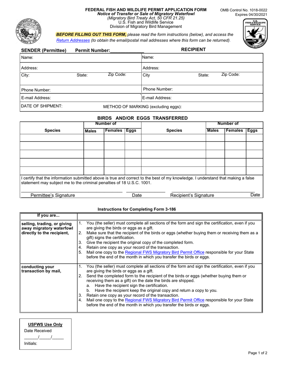 FWS Form 3-186 Notice of Transfer or Sale of Migratory Waterfowl, Page 1