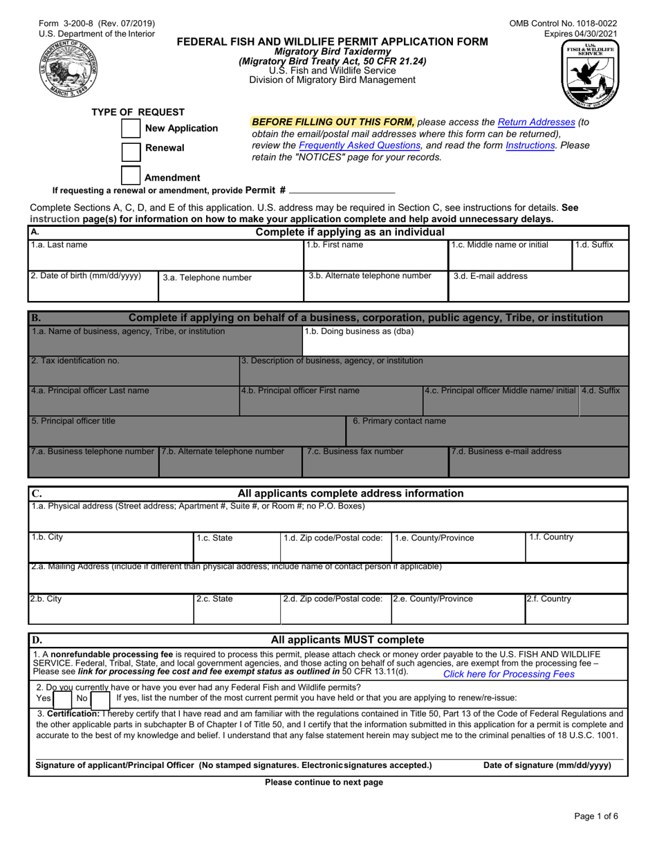 FWS Form 3-200-8 Federal FWS Permit Application Form: Migratory Bird - Taxidermy, Page 1