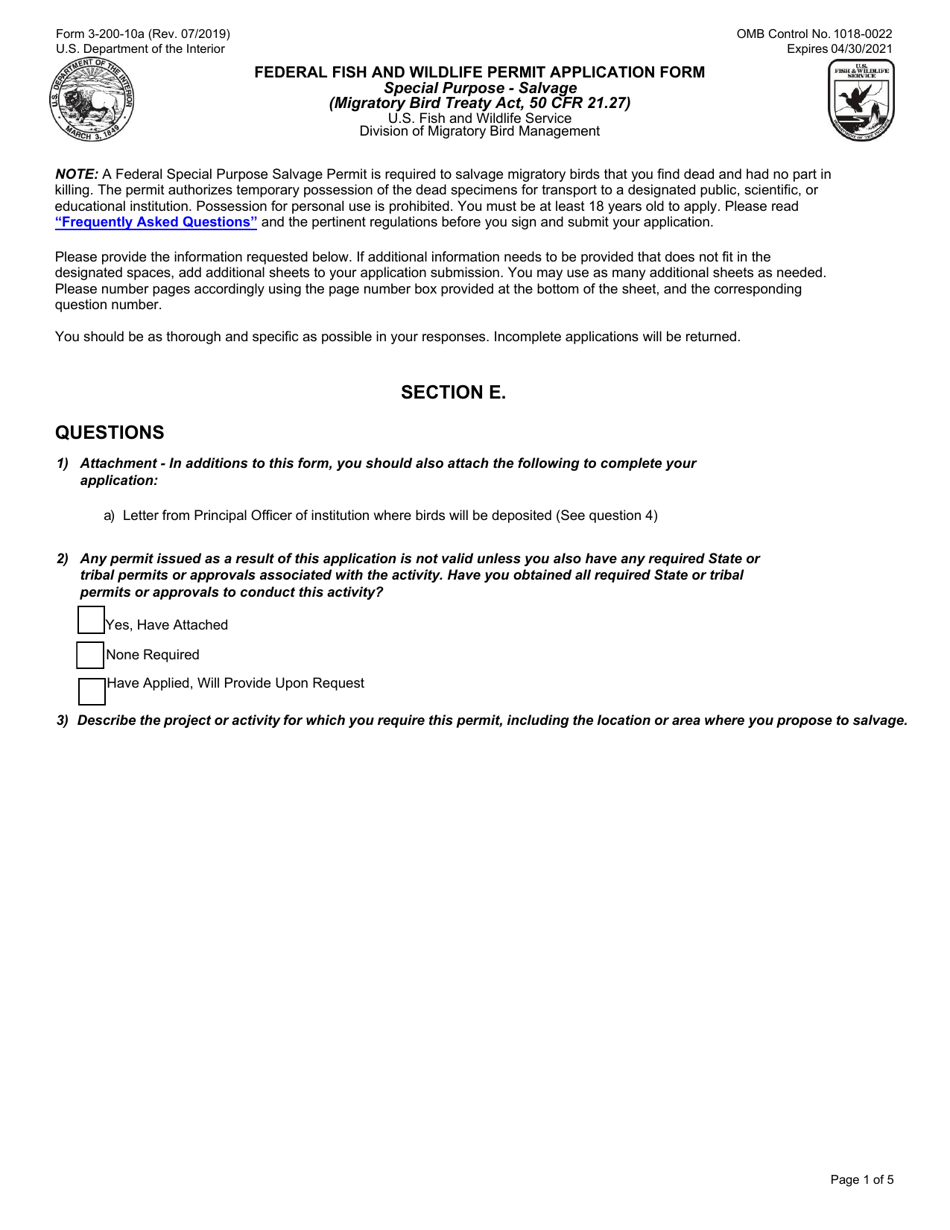 FWS Form 3-200-10A Federal FWS License / Permit Application Form: Migratory Bird - Special Purpose - Salvage, Page 2