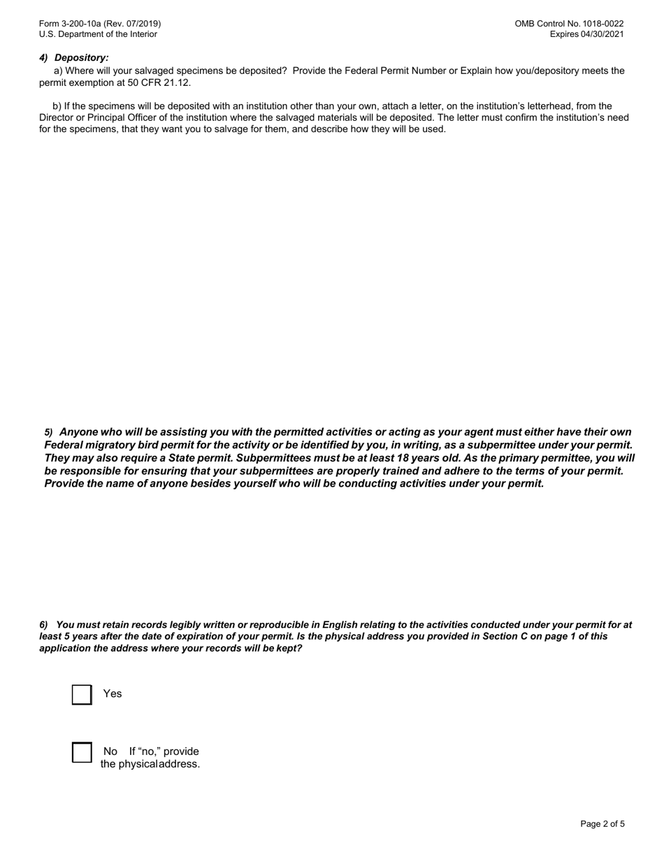 FWS Form 3-200-10A Federal FWS License / Permit Application Form: Migratory Bird - Special Purpose - Salvage, Page 3