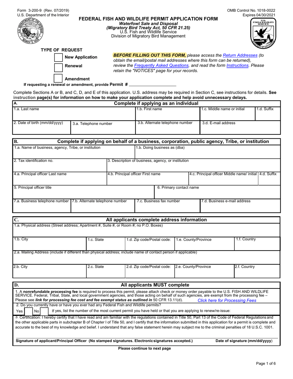 FWS Form 3-200-9 Federal FWS License / Permit Application Form: Waterfowl Sale and Disposal, Page 1