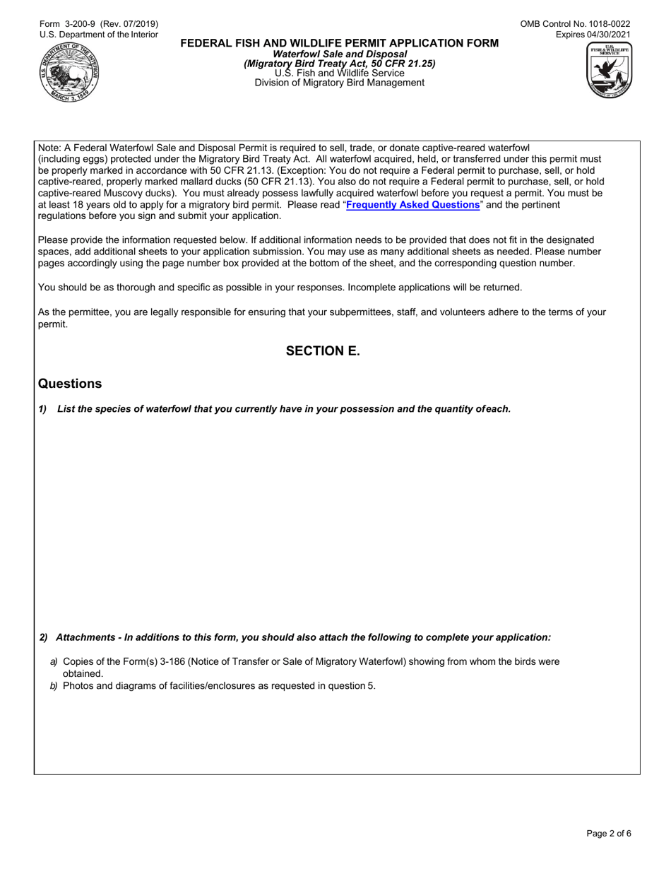 FWS Form 3-200-9 Federal FWS License / Permit Application Form: Waterfowl Sale and Disposal, Page 2
