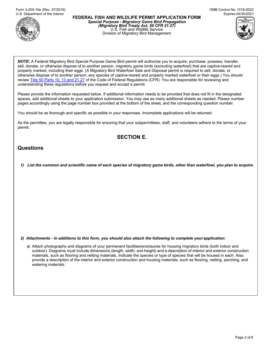 FWS Form 3-200-10E Federal Fish and Wildlife Permit Application Form: Special Purpose - Migratory Game Bird Propagation, Page 2
