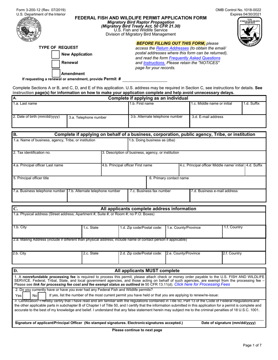 FWS Form 3-200-12 Federal Fish and Wildlife Permit Application Form: Migratory Bird - Raptor Propagation, Page 1