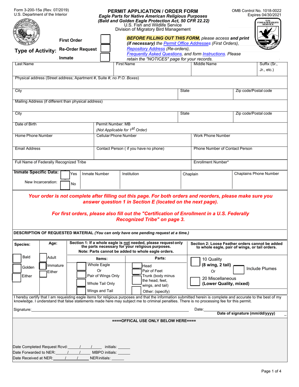 FWS Form 3-200-15A Permit Application / Order Form: Eagle Parts for Native American Religious Purposes, Page 1