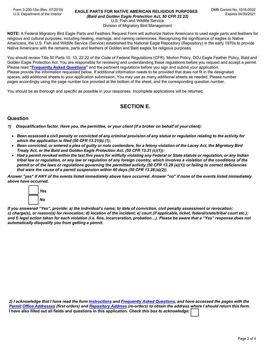 FWS Form 3-200-15A Permit Application / Order Form: Eagle Parts for Native American Religious Purposes, Page 2