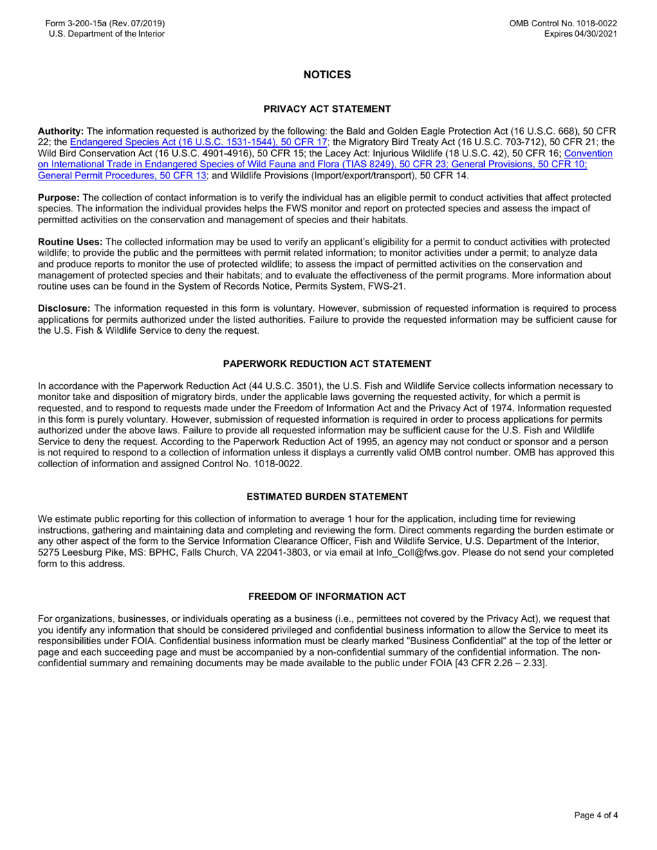 Fws Form 3-200-15a Download Fillable Pdf Or Fill Online Permit 