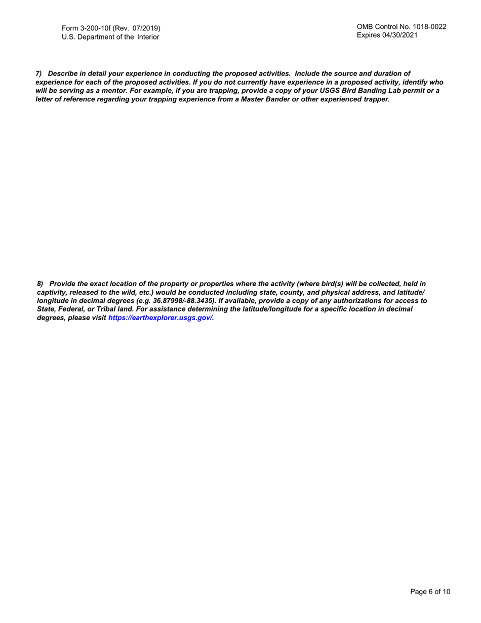 FWS Form 3-200-10F Federal Fish and Wildlife Permit Application Form: Migratory Bird Special Purpose - Miscellaneous, Page 6