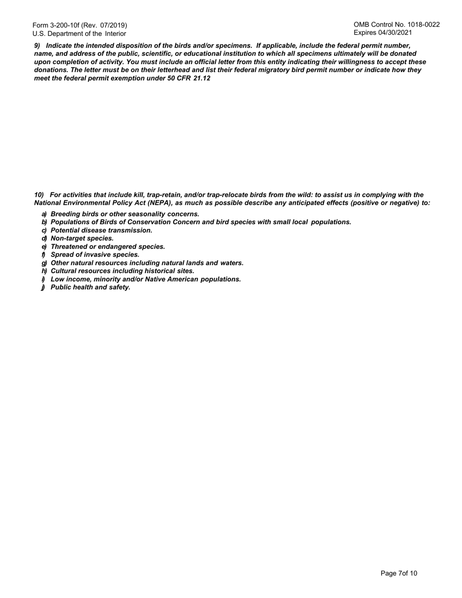 FWS Form 3-200-10F Federal Fish and Wildlife Permit Application Form: Migratory Bird Special Purpose - Miscellaneous, Page 7