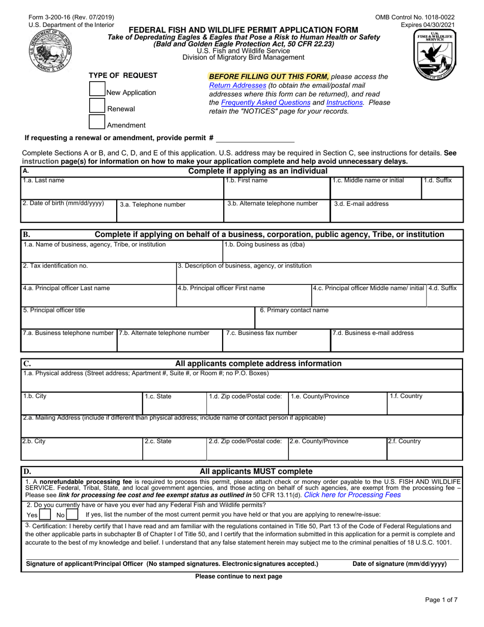 FWS Form 3-200-16 Federal Fish and Wildlife Permit Application Form: Take of Depredating Eagles  Eagles That Pose a Risk to Human or Eagle Health or Safety, Page 1