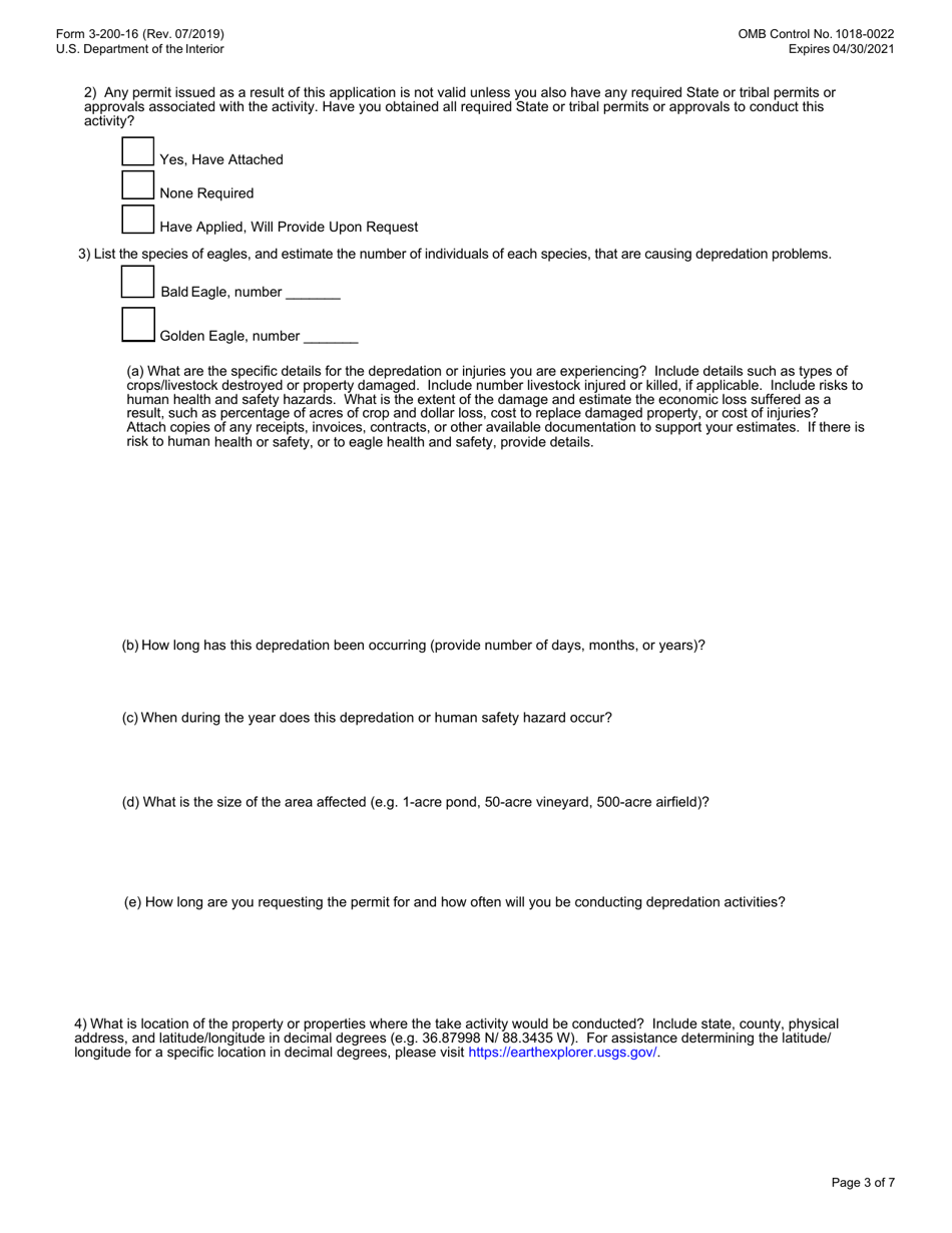 FWS Form 3-200-16 Federal Fish and Wildlife Permit Application Form: Take of Depredating Eagles  Eagles That Pose a Risk to Human or Eagle Health or Safety, Page 3