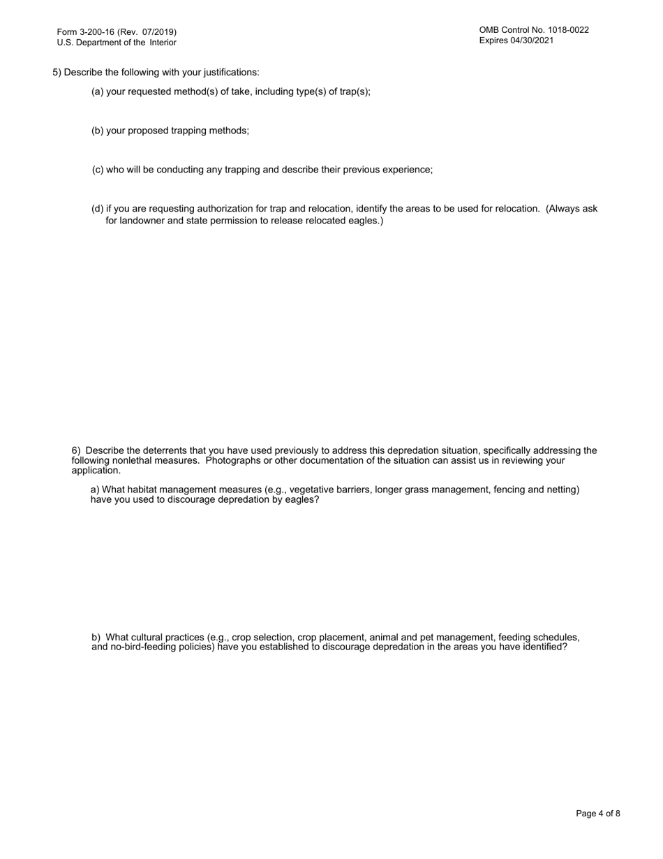 FWS Form 3-200-16 Federal Fish and Wildlife Permit Application Form: Take of Depredating Eagles  Eagles That Pose a Risk to Human or Eagle Health or Safety, Page 4