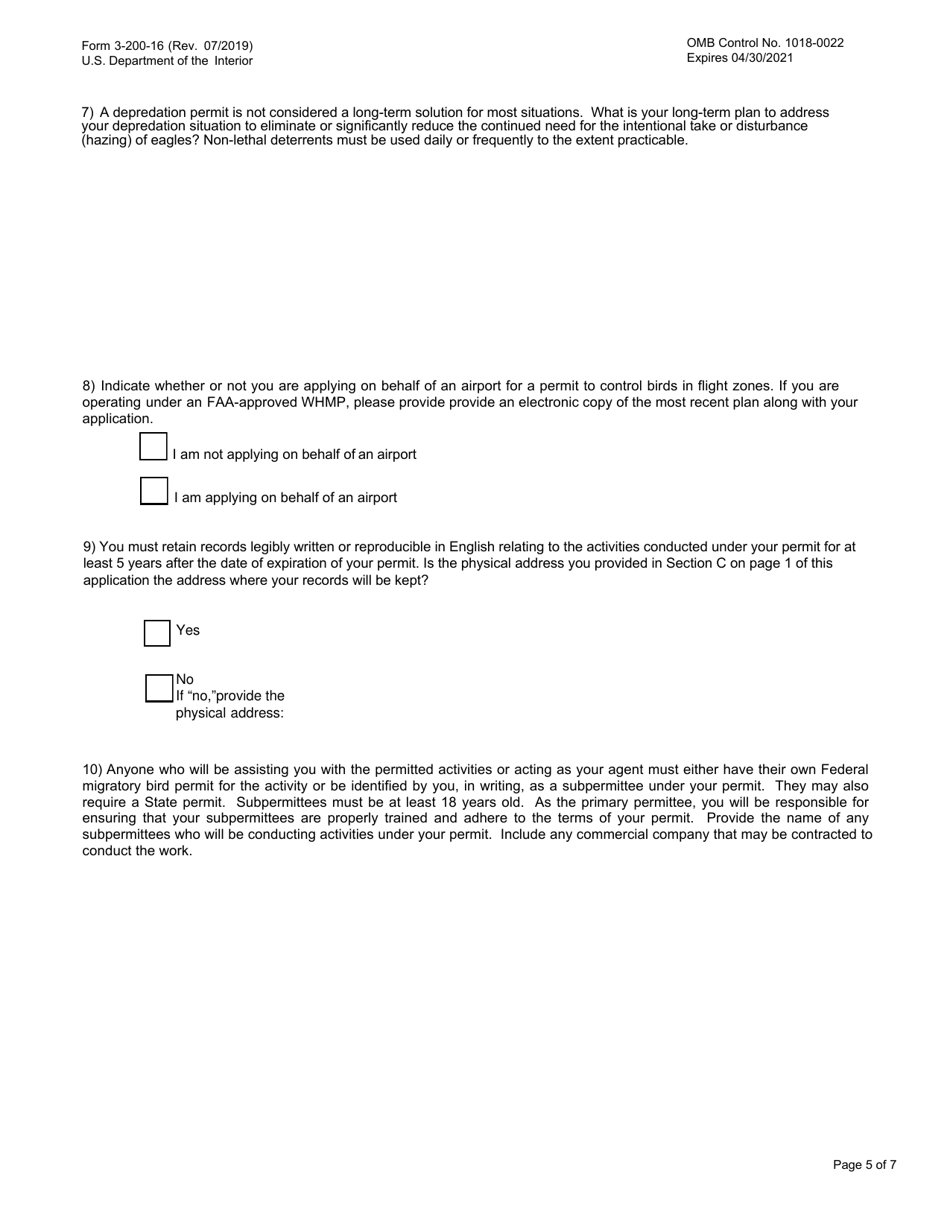 FWS Form 3-200-16 Federal Fish and Wildlife Permit Application Form: Take of Depredating Eagles  Eagles That Pose a Risk to Human or Eagle Health or Safety, Page 5