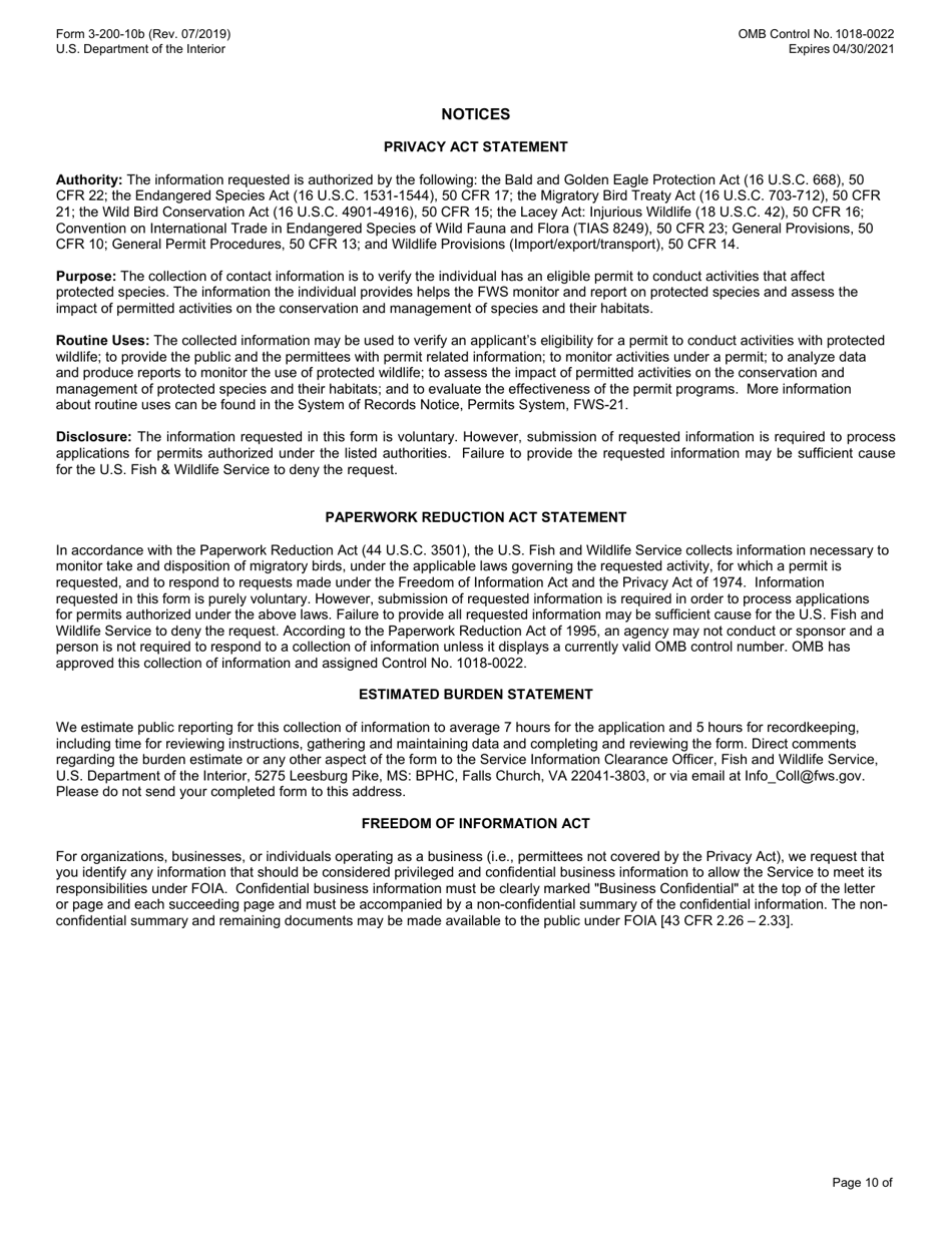 FWS Form 3-200-10B Federal Fish and Wildlife License / Permit Application Form: Migratory Bird Rehabilitation, Page 10