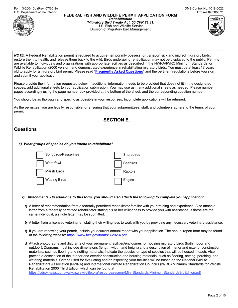 FWS Form 3-200-10B Federal Fish and Wildlife License / Permit Application Form: Migratory Bird Rehabilitation, Page 2