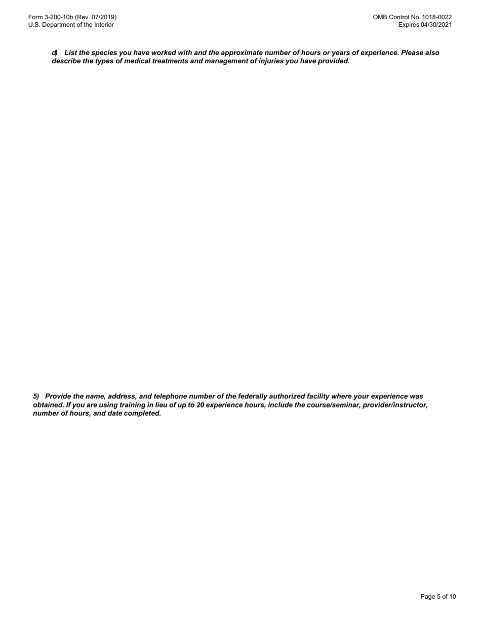 FWS Form 3-200-10B Federal Fish and Wildlife License / Permit Application Form: Migratory Bird Rehabilitation, Page 5