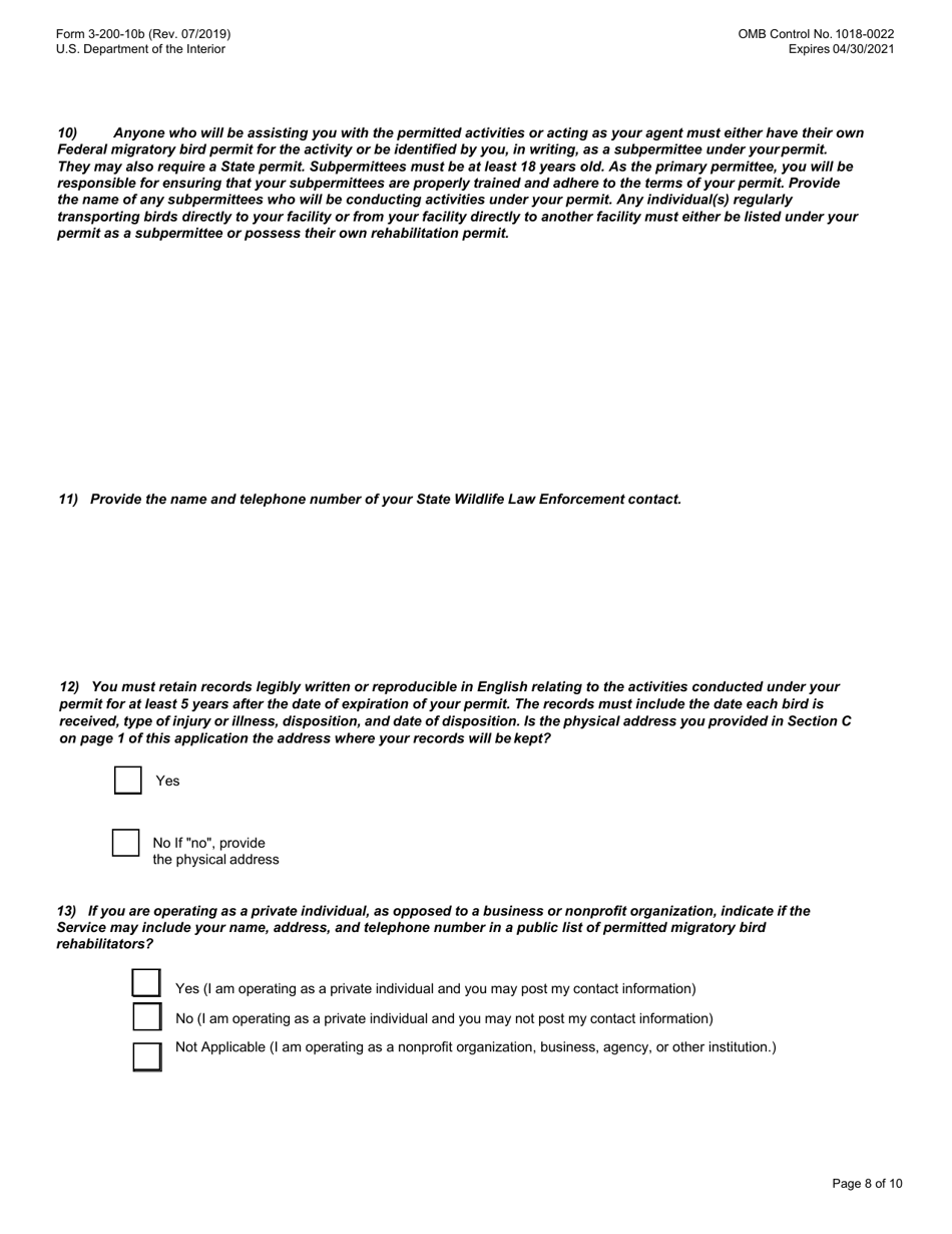FWS Form 3-200-10B Federal Fish and Wildlife License / Permit Application Form: Migratory Bird Rehabilitation, Page 8