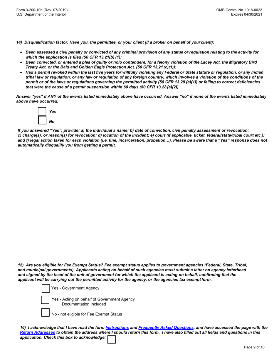 FWS Form 3-200-10B Federal Fish and Wildlife License / Permit Application Form: Migratory Bird Rehabilitation, Page 9