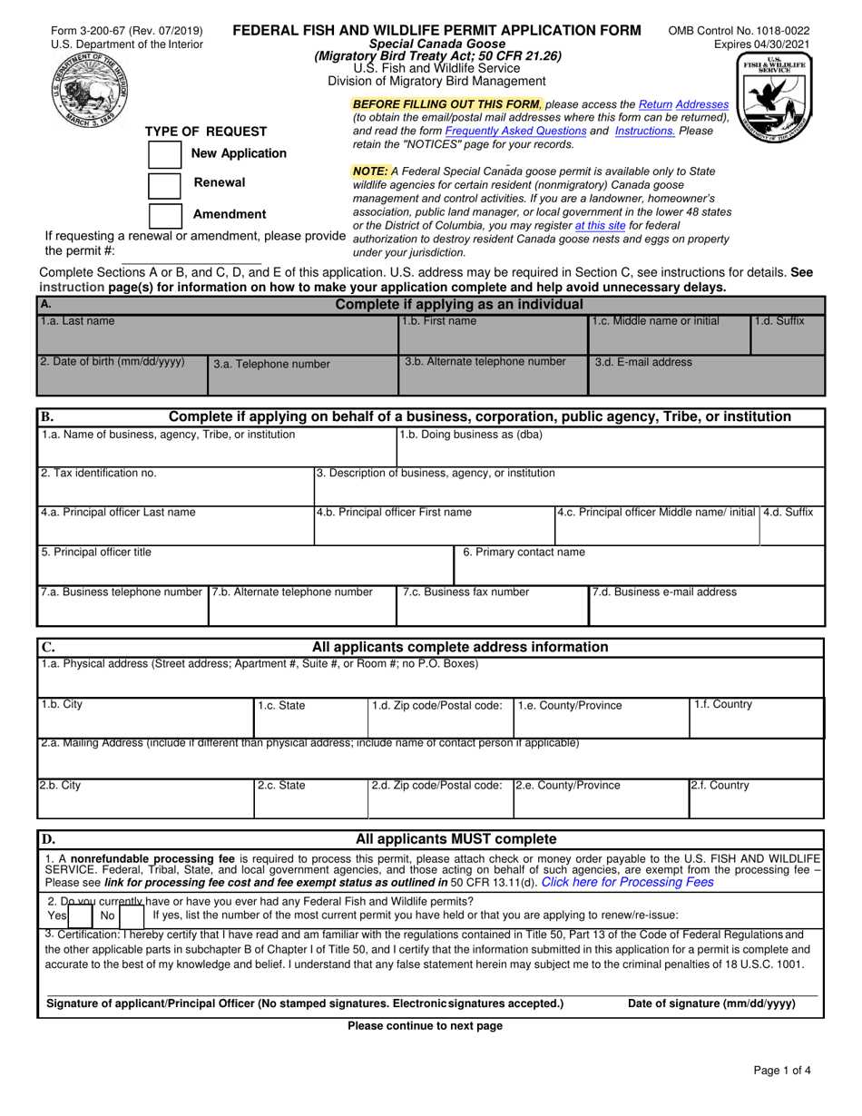 FWS Form 3-200-67 Federal Fish and Wildlife Permit Application Form: Special Canada Goose, Page 1