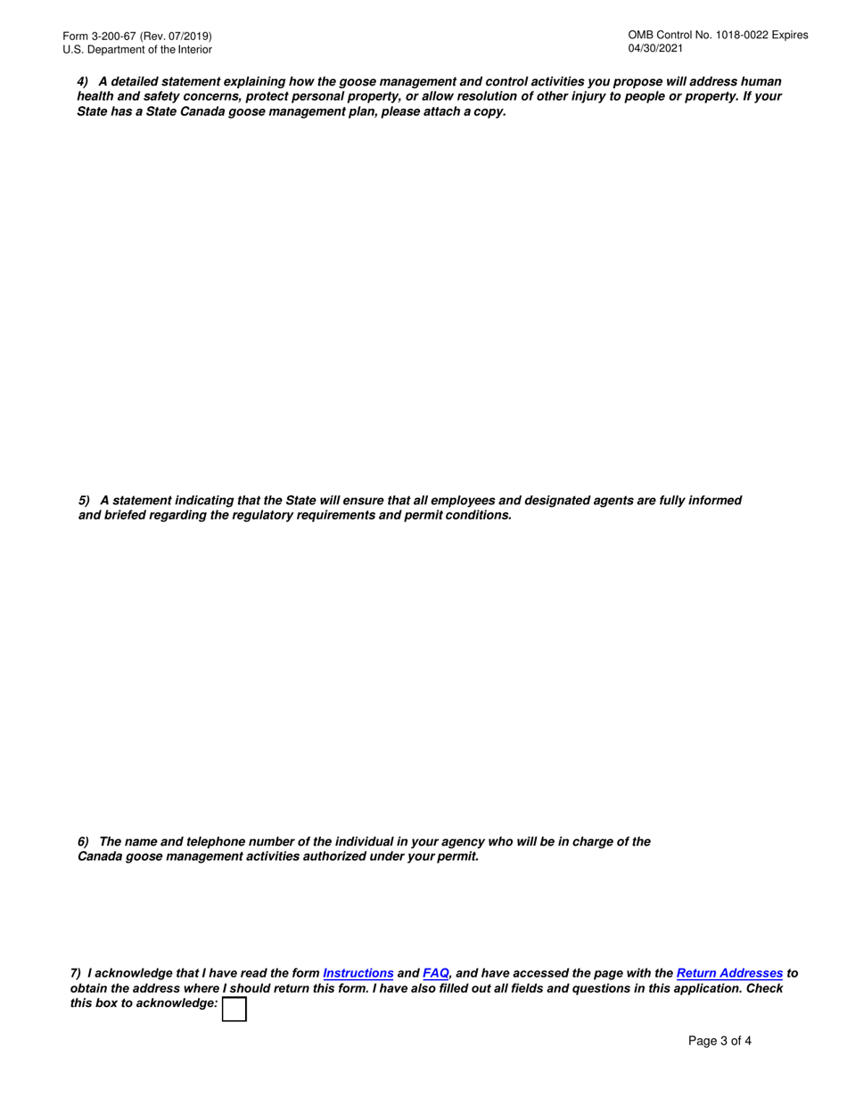 FWS Form 3-200-67 Federal Fish and Wildlife Permit Application Form: Special Canada Goose, Page 3
