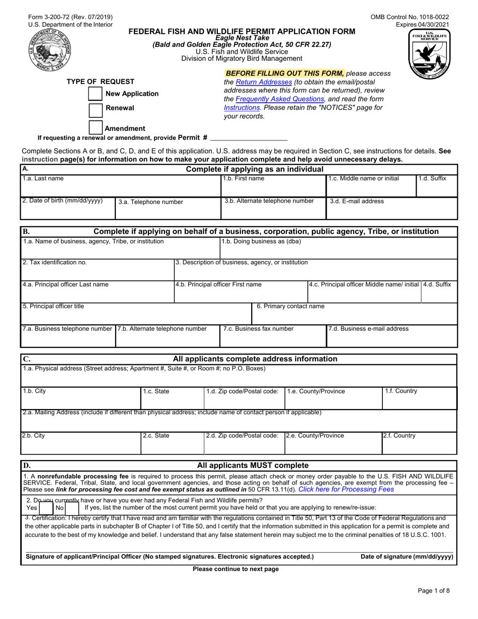 FWS Form 3-200-72 Download Fillable PDF or Fill Online Federal Fish and