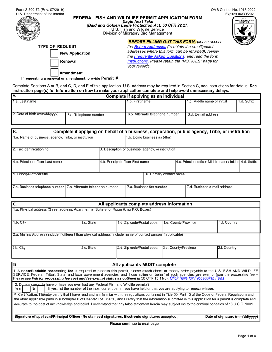FWS Form 3-200-72 Federal Fish and Wildlife Permit Application Form: Eagle Nest Take, Page 1