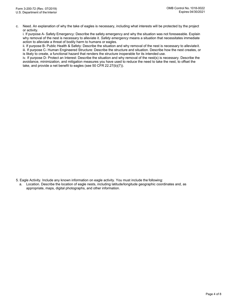 FWS Form 3-200-72 Federal Fish and Wildlife Permit Application Form: Eagle Nest Take, Page 4