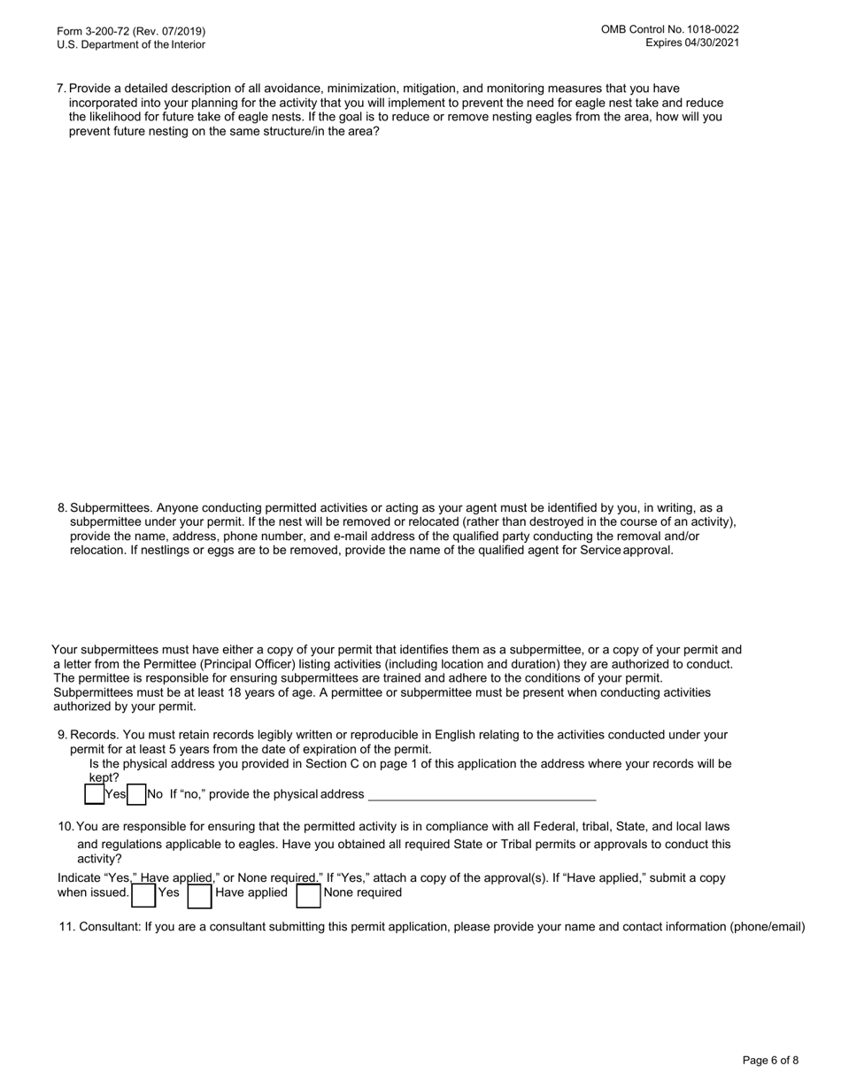 FWS Form 3-200-72 Federal Fish and Wildlife Permit Application Form: Eagle Nest Take, Page 6