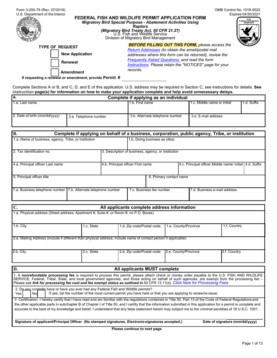 FWS Form 3-200-79 Permit Application Form: Special Purpose: Abatement Activities Using Raptors, Page 1