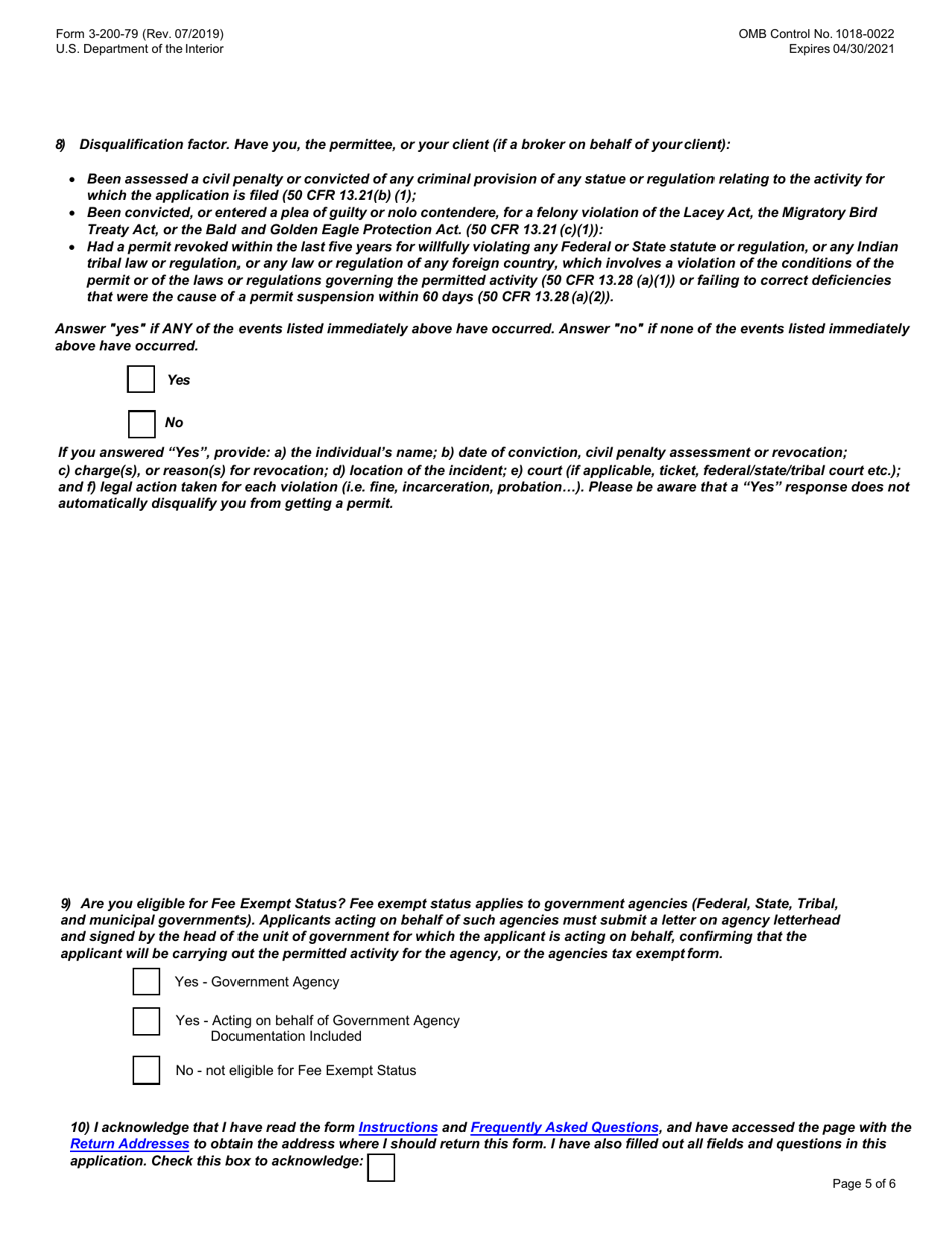 FWS Form 3-200-79 Permit Application Form: Special Purpose: Abatement Activities Using Raptors, Page 5