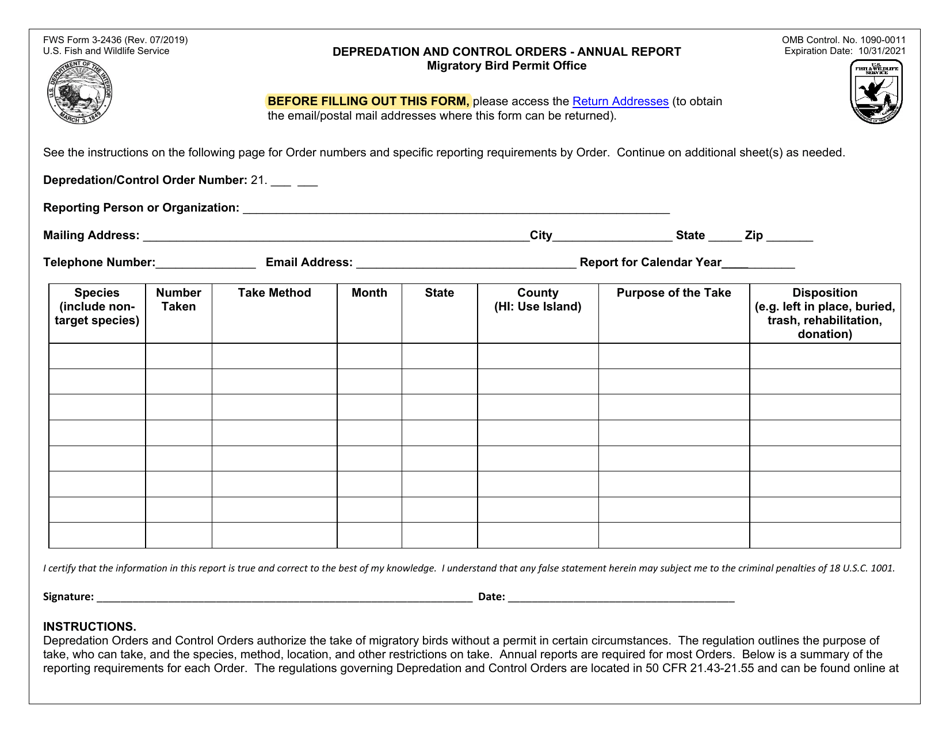 FWS Form 3-2436 Depredation and Control Orders - Annual Report, Page 1