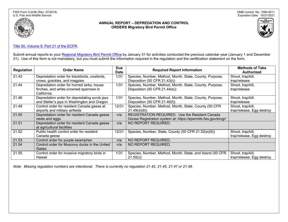 FWS Form 3-2436 Depredation and Control Orders - Annual Report, Page 2