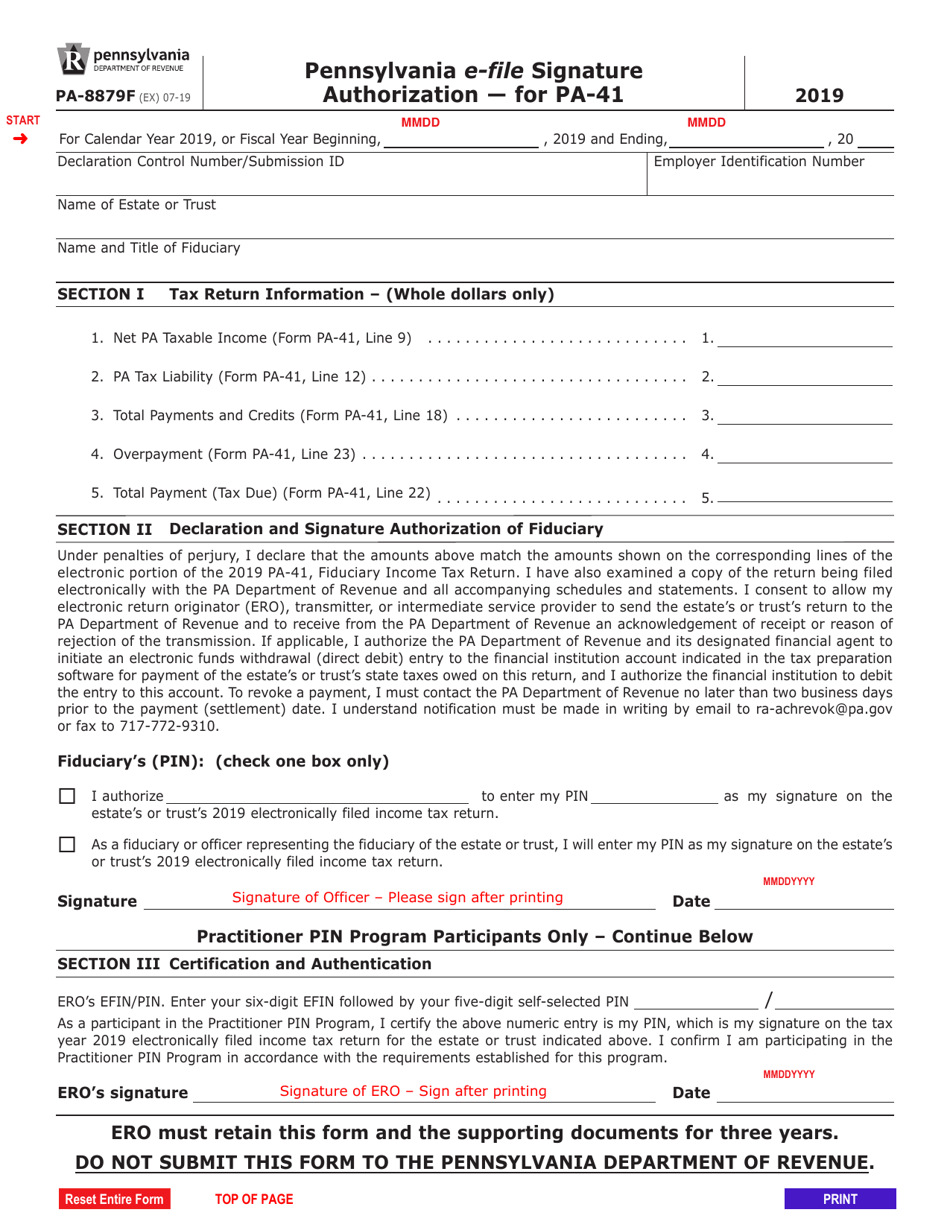 Form PA-8879F Pennsylvania E-File Signature Authorization - for Pa-41 - Pennsylvania, Page 1