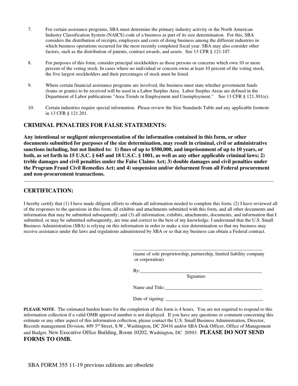 SBA Form 355 Information for Small Business Size Determination, Page 2