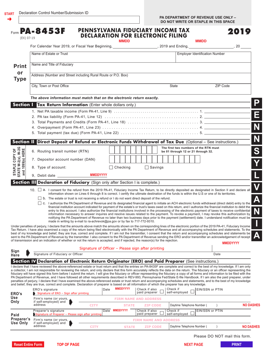 Form PA8453F Download Fillable PDF or Fill Online Pennsylvania