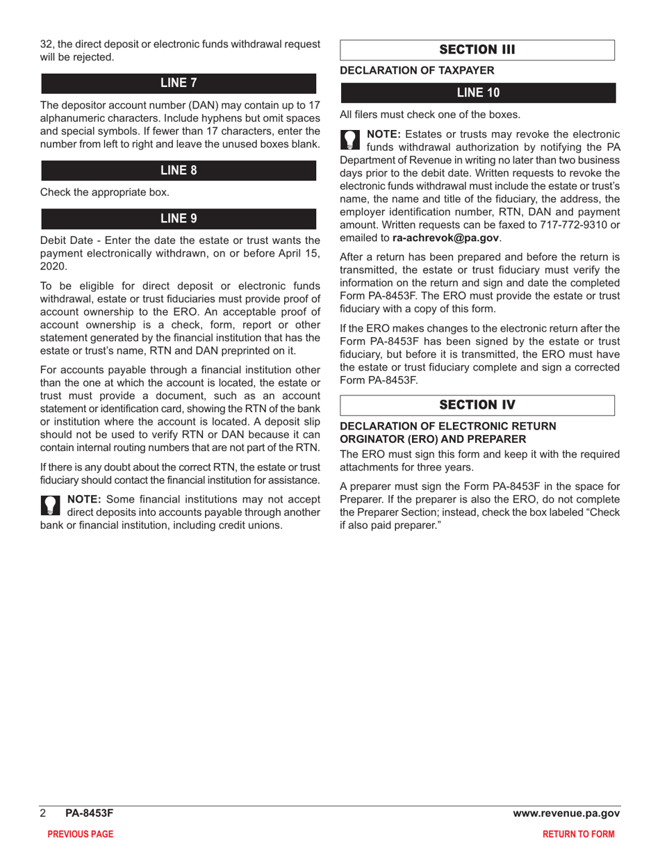 Form PA-8453F Pennsylvania Fiduciary Income Tax Declaration for Electronic Filing - Pennsylvania, Page 4