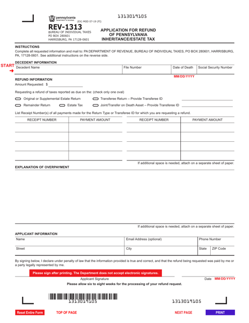 Form REV-1313 Application for Refund of Pennsylvania Inheritance/Estate Tax - Pennsylvania
