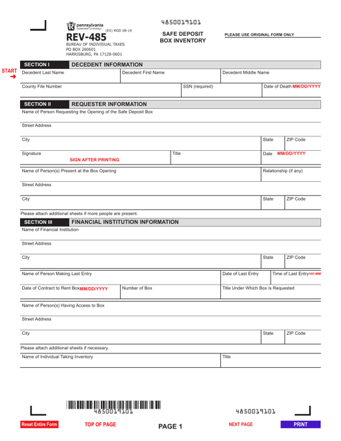Form REV-1485 Safe Deposit Box Inventory - Pennsylvania