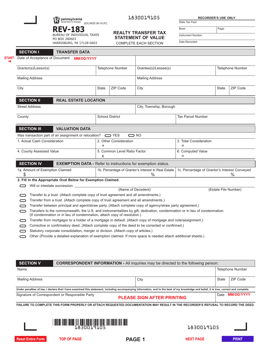 Form REV-183 Realty Transfer Tax Statement of Value - Pennsylvania, Page 1