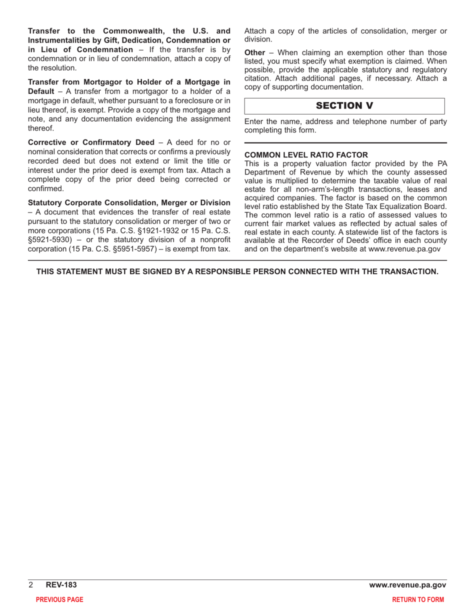 Form REV-183 Realty Transfer Tax Statement of Value - Pennsylvania, Page 4