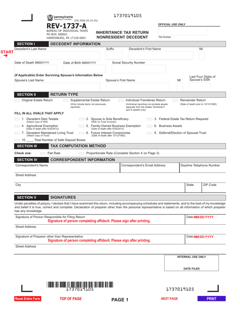Form REV-1737-A Inheritance Tax Return - Nonresident Decedent - Pennsylvania