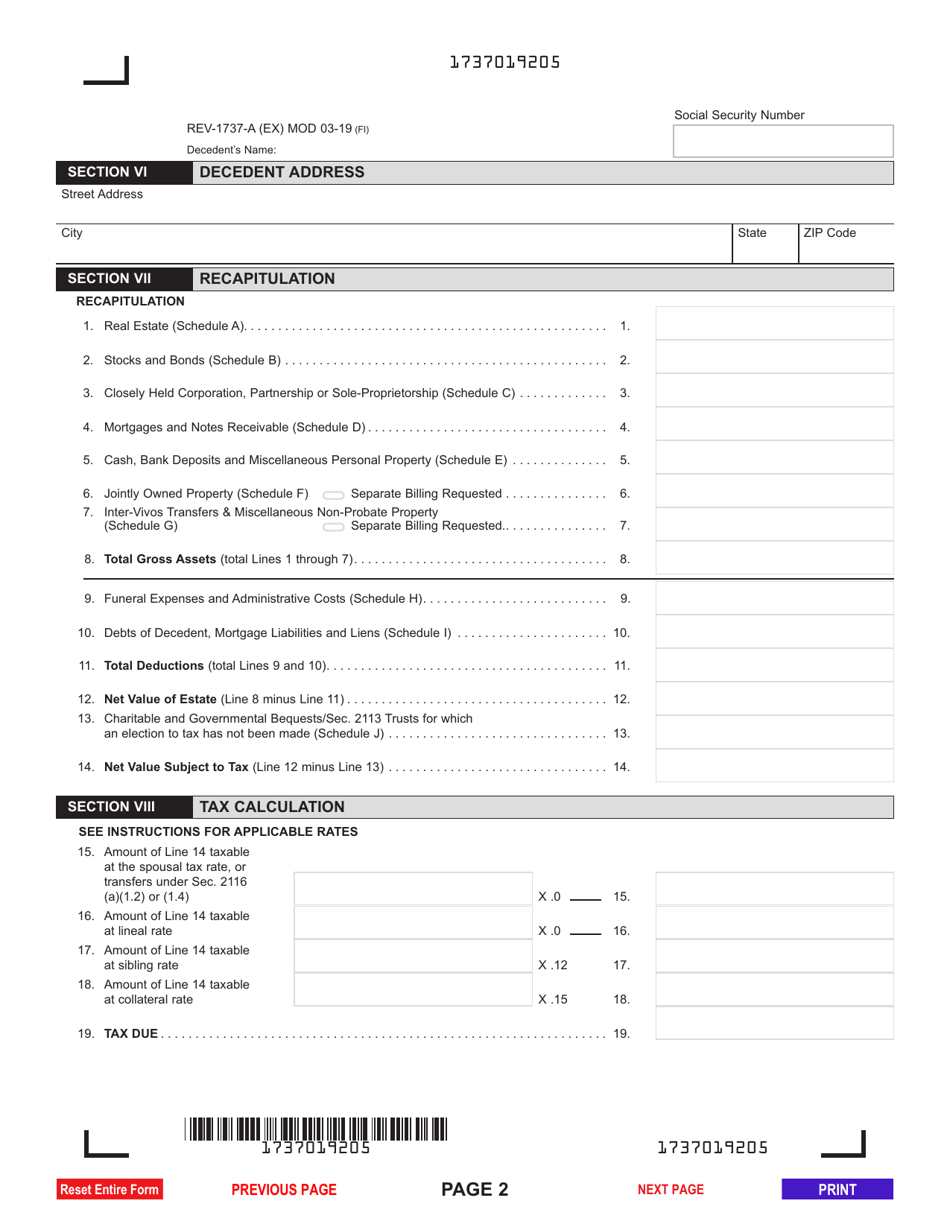 Form Rev 1737 A Download Fillable Pdf Or Fill Online Inheritance Tax Return Nonresident 3987