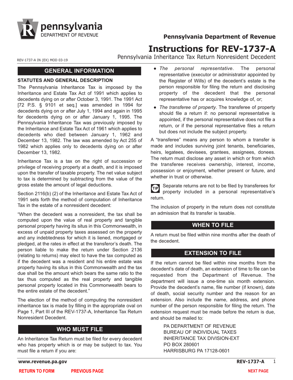 Form REV1737A Download Fillable PDF or Fill Online Inheritance Tax Return Nonresident